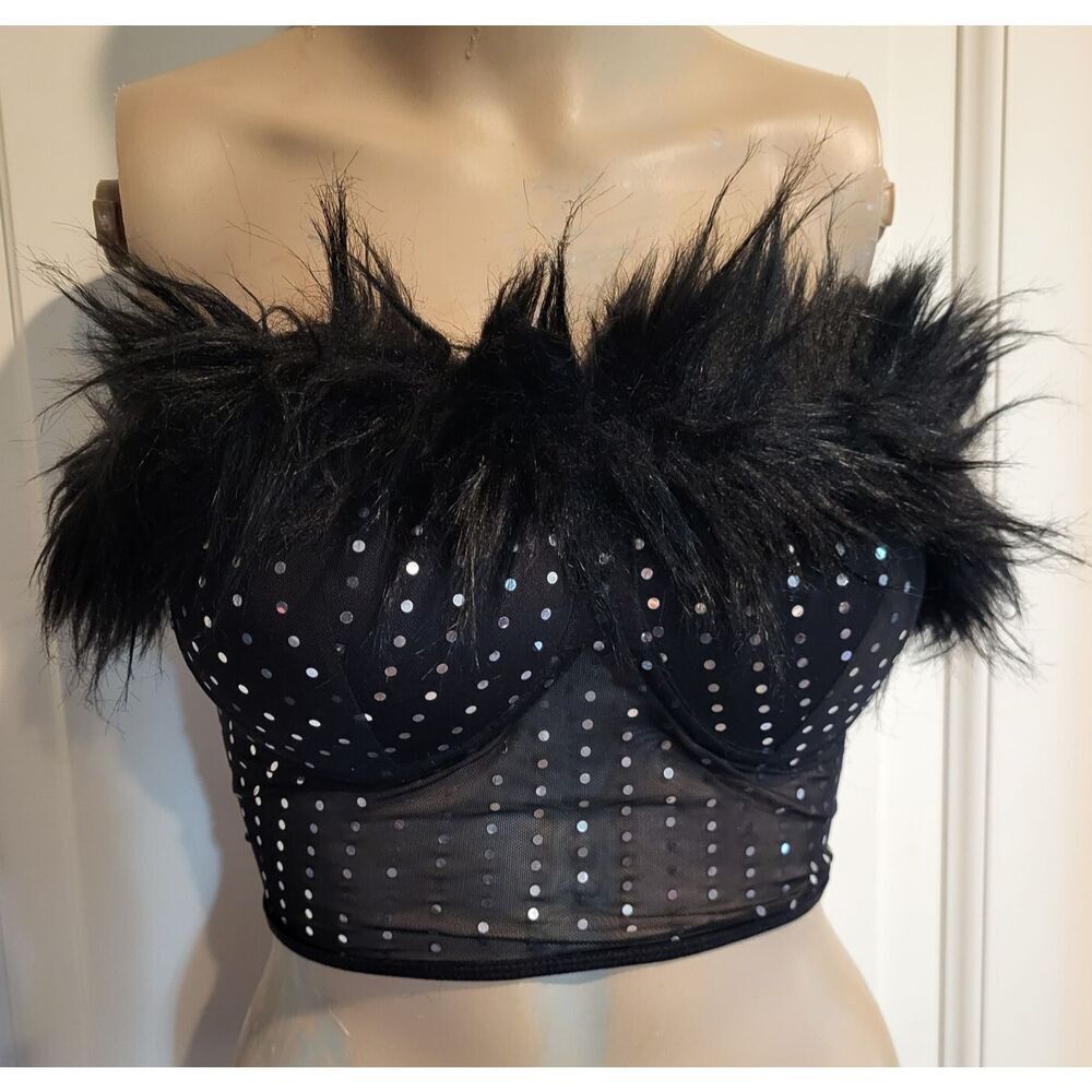 Strapless Faux Fur Sequin Mesh Bustier Crop Top Push Up Tube Top Sz s